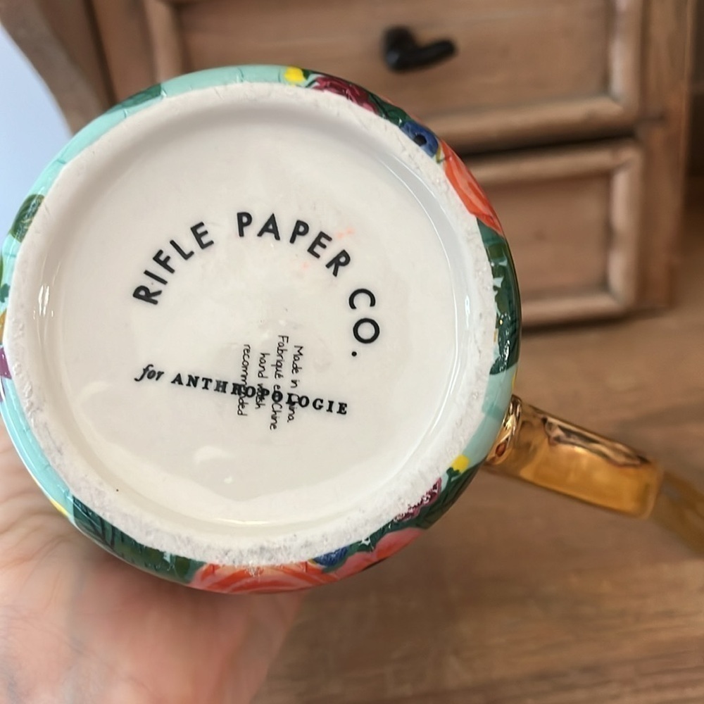 Anthropologie x Rifle Paper Co Mug Garden Party Monogram “W” Gold Handle Floral - Picture 6 of 6